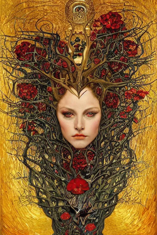 Image similar to Heart of Thorns by Karol Bak, Jean Deville, Gustav Klimt, and Vincent Van Gogh, anatomical heart, sacred heart, Surreality, otherworldly, infernal enigma, Helliquary, fractal structures, celestial, arcane, ornate gilded medieval icon, third eye, spirals, dramatic sharp thorns, rich deep moody colors