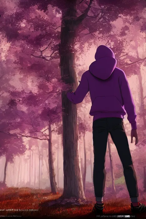 Image similar to young man in a purple hoodie, back view, messy short brown hair, detailed neighbourhood background, trees, colourful, 8 k, anime, ghibli style, graphic novel, digital art trending on artstation, volumetric lighting, octane render, cinematic, hyper detailed