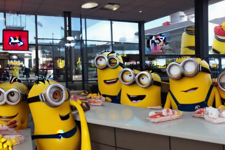 Prompt: Minions at mcdonalds in the hood