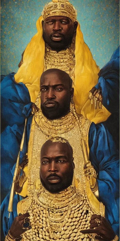 Image similar to a stunning and noble highly detailed romantic period style portrait of mansa musa by josep tapiro baro, trending on artstation, oil painting masterpiece, symmetry, mysterious, very very very aesthetic, african iconography