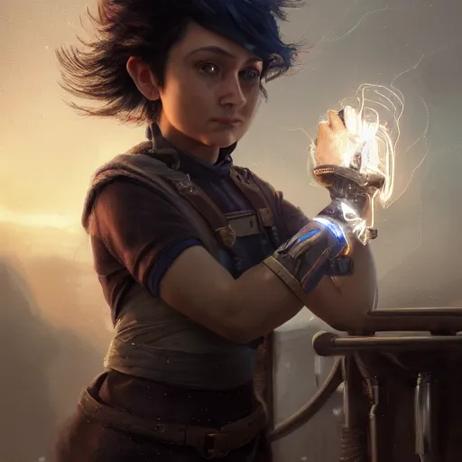 Image similar to a dramatic portrait of a short female gnome mechanic with cropped black hair, one of her arms is a prosthetic metallic gauntlet with magical lightning veins, standing on a ship deck by Greg Rutkowski, ultra realistic, photorealistic 8k, cinematic lighting, HD, high detail, atmospheric, trending on artstation