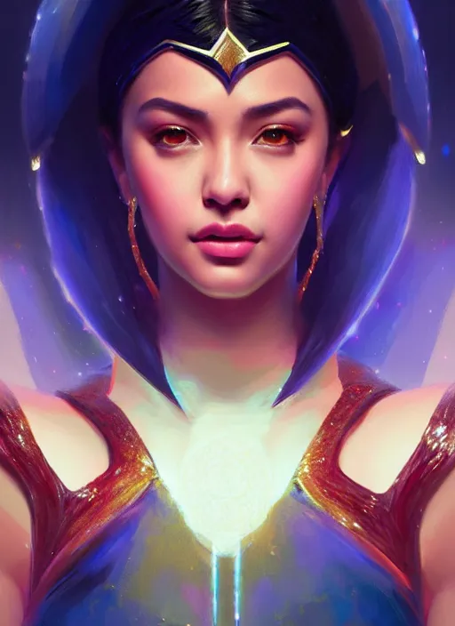 Prompt: portrait of darna liza soberano!, intricate, elegant, glowing lights, highly detailed, digital painting, artstation, glamor pose, concept art, smooth, sharp focus, illustration, art by wlop, mars ravelo and greg rutkowski