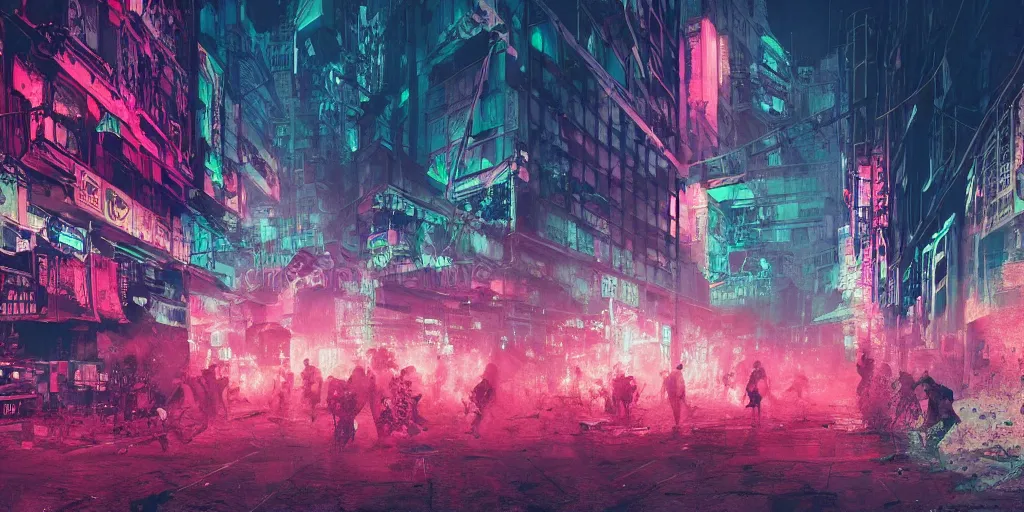 Prompt: punk neon crumbling futuristic city street crowd, with pink smog, late afternoon, high resolution detailed illustration by liam wong, victo ngai, robert rauschenberg, Warwick Goble