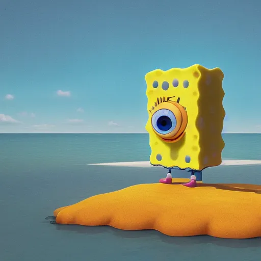 Prompt: spongebob walking on the shore, digital art, by Beeple