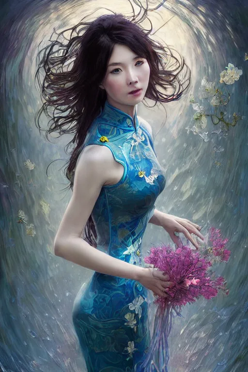 Image similar to portrait of a beautiful woman wearing a cheongsam dress, holding a bouquet of flowing flowers, drenched body, silver hair, emerging from the water, dark fantasy, regal, fractal crystal, fractal gems, by ross tran, stanley artgerm lau, thomas kindkade, alphonse mucha, loish, norman rockwell