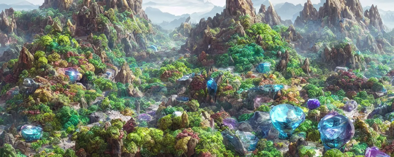 Prompt: An alien landscape with mountains made of gems, and strangely shaped trees and plants, photorealism, detailed, intricate,