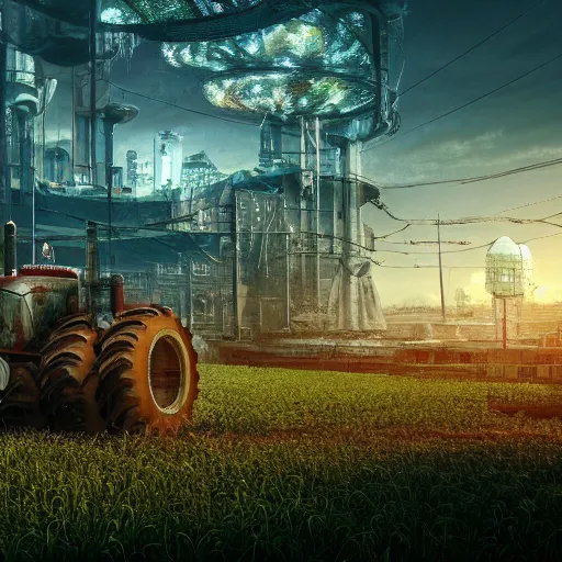 Prompt: fully detailed landscape of a cyberpunk farm , watertank, futuristic tractors, farmhouse, mushroom, overgrowth, Ai , in the future, high quality, 8k , octane render