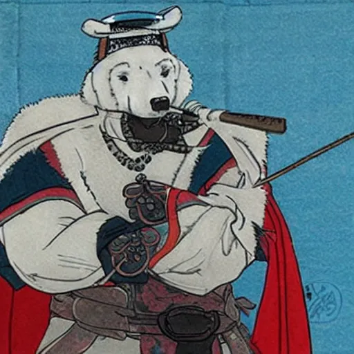 Image similar to polar bears dressed as Japanese ronin in feudal Japan, anime style