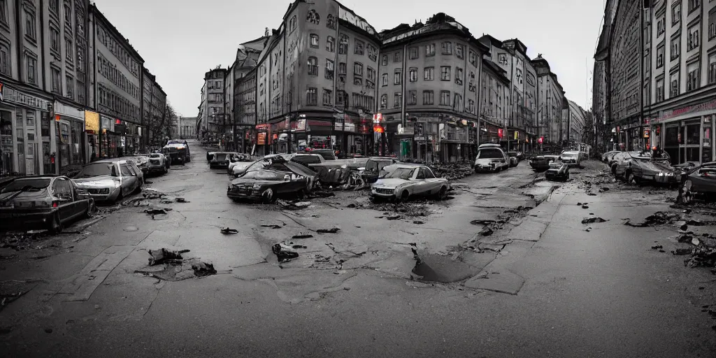 Image similar to Hordes of Zombies in Stockholm, Sweden, Intersection, Storefront, alleyway, city street lights, abandoned cars, smoke, umbrella, convenience store, dusk sky, city street, zombies exiting store, zombies getting groceries, hilly road, Swedish writing, looking down street, raining, smoking outside, wet road, wet street, very high quality photography, dusk, cinematic.