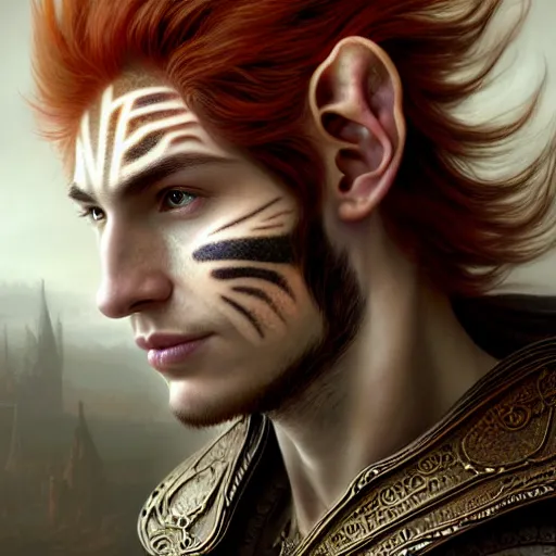 Image similar to portrait painting of a young elven man with a soft face and short light orange hair and tribal tattoos on his face wearing fur armor, ultra realistic, concept art, intricate details, eerie, highly detailed, photorealistic, octane render, 8 k, unreal engine. art by artgerm and greg rutkowski and charlie bowater and magali villeneuve and alphonse mucha