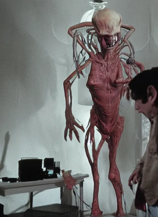 Prompt: an alien monster in the middle of a woman room in the night horror practical fx by dario argento