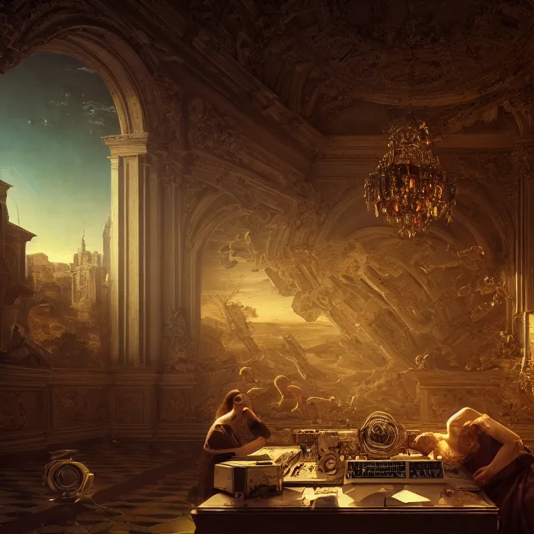 Image similar to motherboard, chip circuit, computer, dream - like atmosphere, baroque landscape painting, perfect composition, beautiful detailed intricate insanely detailed octane render trending on artstation, 8 k artistic photography, photorealistic, soft natural volumetric cinematic perfect light, chiaroscuro, award - winning photograph, masterpiece, raphael, caravaggio, greg rutkowski, beeple