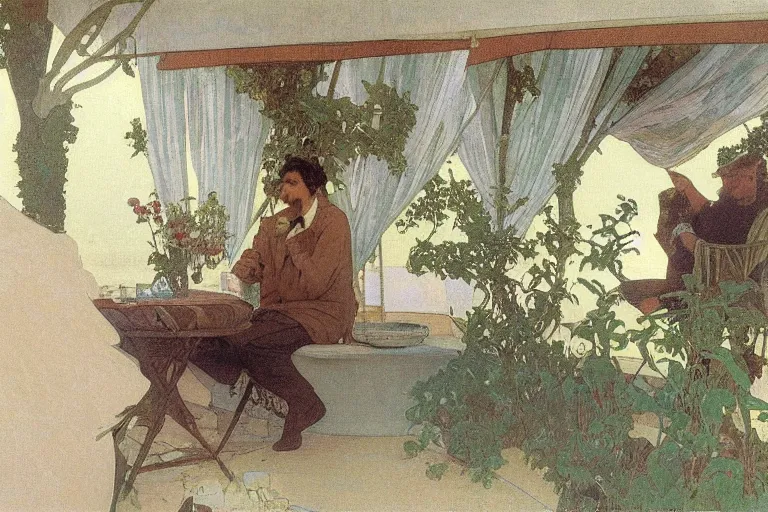 Image similar to a matte painting of a man sitting down and having a cup of tea in his house by the beach, by alphonse mucha, muted colors