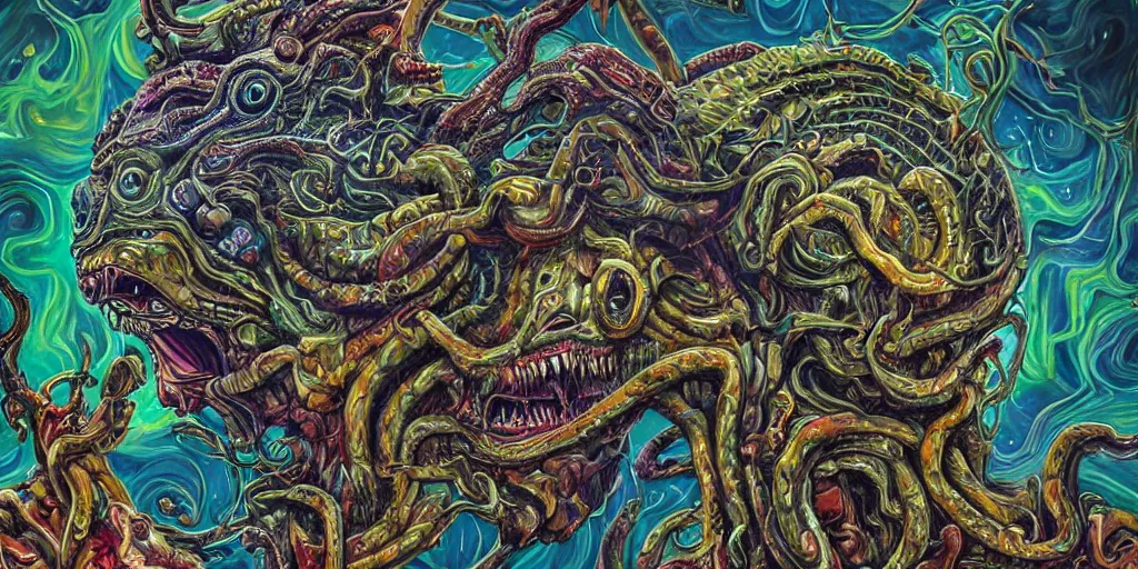 Prompt: a crazy extraterrestrial hyper - detailed high painting of giant heads joined by snakes, the heads are open they have spiked scales and sharp teeth, the mouth is open and monstrous beings of all kinds run and scream, psychedelic horror surreal art cosmic horror weird bizarre art