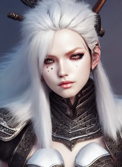 Image similar to barbarian, fur leather armor!!! beautiful and elegant white hair female!! gorgeous ayes!! character concept art, sharp focus, octane render! unreal engine 5! highly rendered!! trending on artstation!! detailed linework!! illustration by artgerm, wlop, and chie yoshii