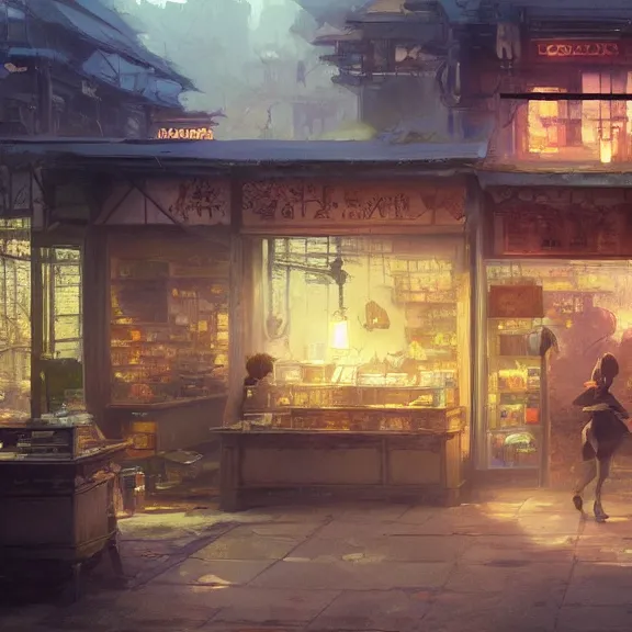 Prompt: coin shop, painting by craig mullins, octane rendering, soft morning lighting, wide angle lens, in the style of hayao miyazaki, trending on artstation,