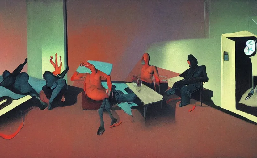 Prompt: an empty room in the style of constructivism, people relaxing on the couch and drinking wine, blurred, grotesque, doomed, neural acrylic paint, high resolution, gouache on canvas, ultra detailed, vibrant colors, grotesque, wrapped thermal background, art by francis bacon, beksinski painting