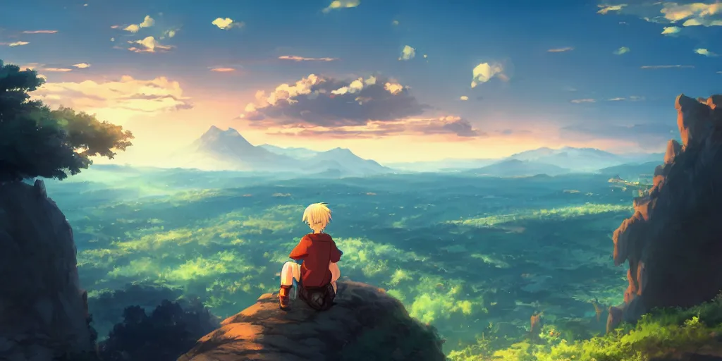 Image similar to isekai masterpiece anime boy sitting on a rock off to the side looking down upon fantasy floating sky town, during dawn, cinematic, very warm colors, intense shadows, anime illustration, rapid mountains, anime screenshot composite background