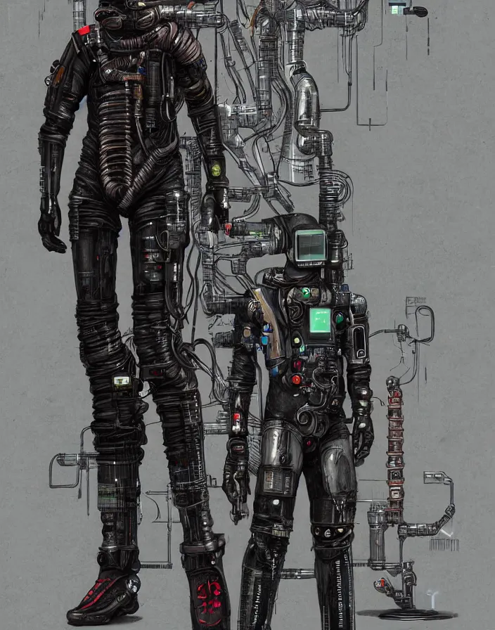 Image similar to realistic cyberpunk japanese engineer with long limbs and a black spacesuit carrying welder, techwear, dead space, visible face, Industrial Scifi, detailed illustration, character portrait, by Martin Grip and Moebius