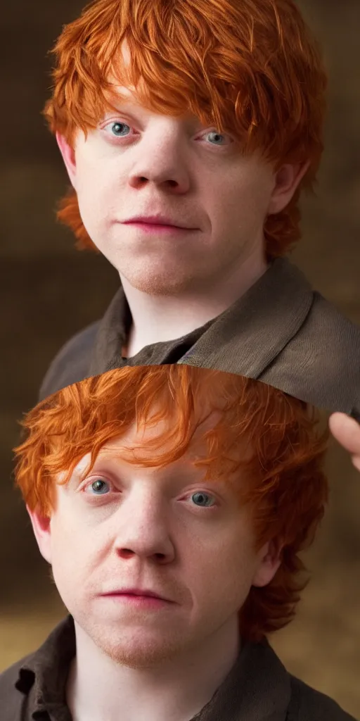 Prompt: photo photorealistic portrait photograph of Rupert Grint as Ronald Weasley. william adolphe bouguereau. During golden hour. soft light Extremely detailed. detailed photograph Beautiful. 4K. Award winning.