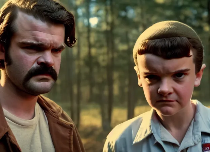 Prompt: film still of jim hopper as steve harrington in stranger things, 8 k