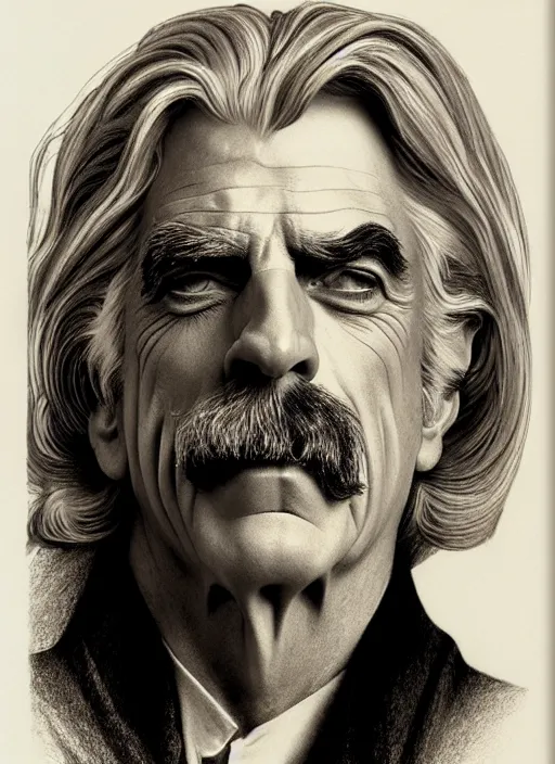 Prompt: hyperrealist pencil sketch of sam elliott as dracula by david malan and alphonse mucha, fantasy art, drawing, dynamic lighting, artstation, poster, volumetric lighting, very detailed faces, 4 k, award winning