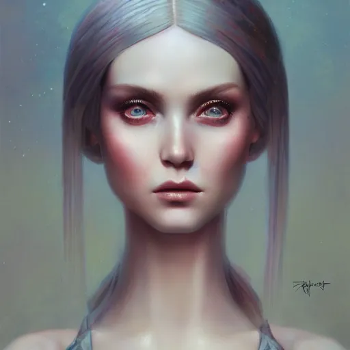 Prompt: tom bagshaw portrait, very beautiful dollpunk in a full dress, professionally retouched, perfect blue eyes, ultra realistic soft painting, floating long hair, soft facial traits, perfectly detailed linework, symmetrical accurate intricate features, highly detailed, artstation, sharp focus