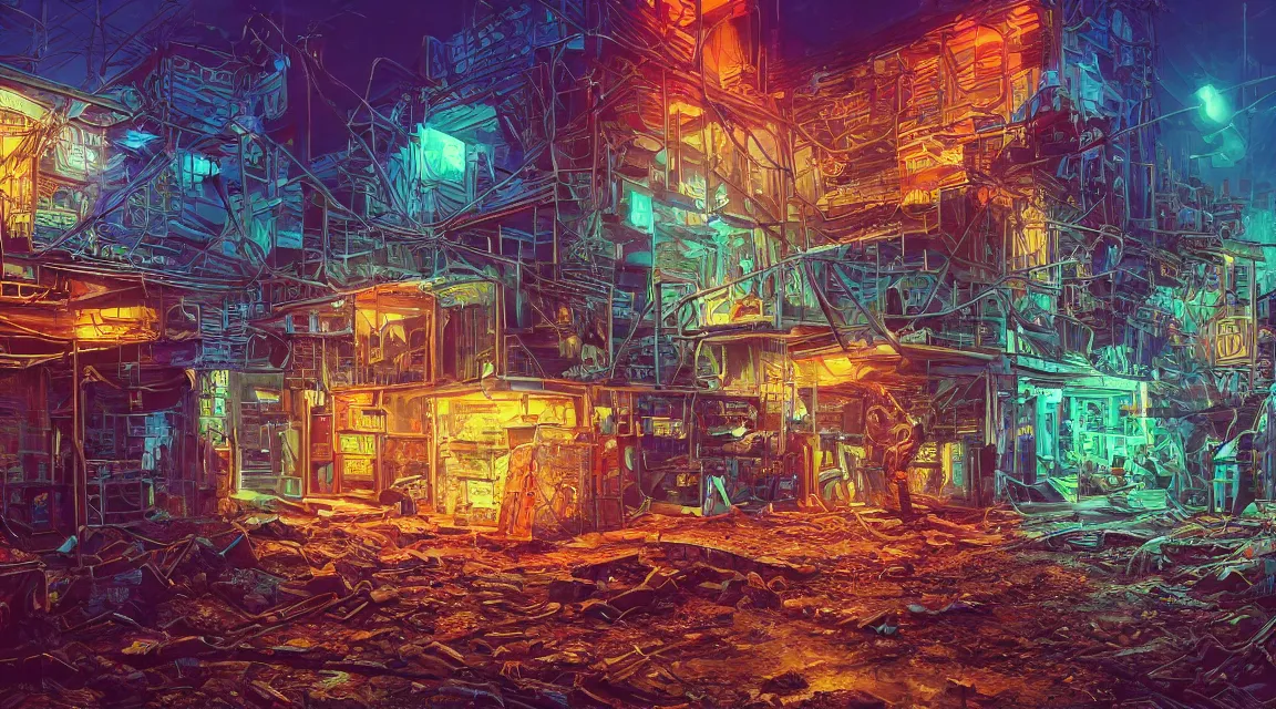 Image similar to Very highly detailed photo, post apocalyptic building, synthwave neon retro, by Vladimir Manyukhin, by Simon Stålenhag, by Guido Borelli, by Nathan Walsh, by Peter Gric, deviantart, trending on artstation, Photorealistic, vivid colors, polychromatic, glowing neon, geometric, concept art digital illustration, polished, beautiful, HDR Unreal Engine 64 megapixels IMAX Terragen 4.0, 8k resolution concept art filmic complex utopian mysterious moody futuristic