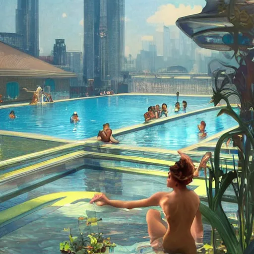 Image similar to city seen from far away in swimming pool, highly detailed, digital painting, artstation concept art, smooth, sharp focus, artgerm, alphonse mucha,