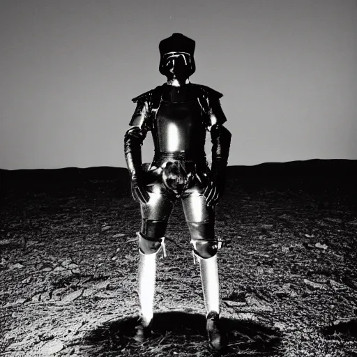 Image similar to photograph of a man clad in shining black metallic armor holding a piece of back wool, standing in front of a nuclear wasteland at night