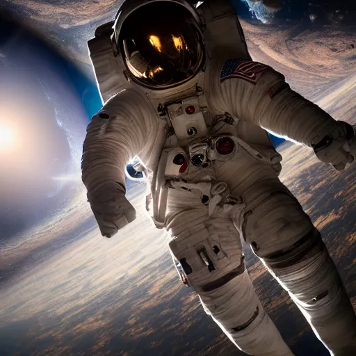 Image similar to photograph of an astronaut, dramatic downlit, against the absolute darkness of space, full body photo,, 8 k