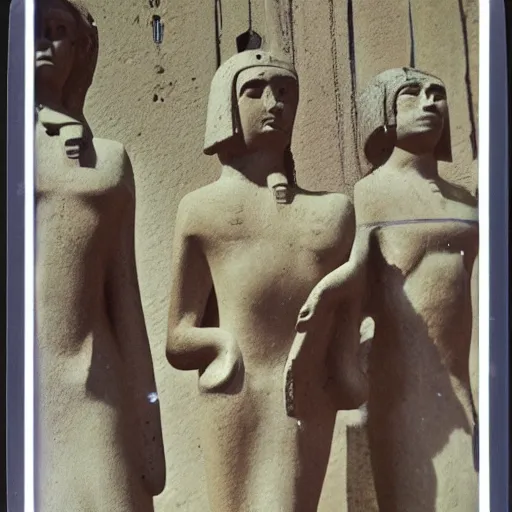 Image similar to Polaroid photo of fragmented Egyptian sculpture of the Beatles