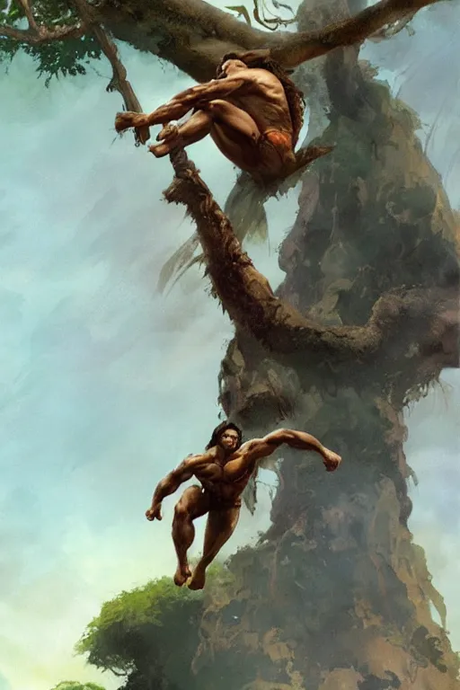 Prompt: tarzan swinging from a tree, by Frank Frazetta, Greg Rutkowski, Boris Vallejo, epic fantasy character art, Exquisite detail, post-processing, low angle, masterpiece, cinematic