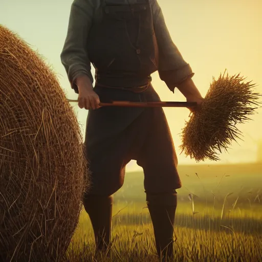 Image similar to full body, concept art, man with scythe, mowing of the hay, traditional hungarian clothing, dramatic lighting, beautiful, volumetric lighting, colorful, octane render