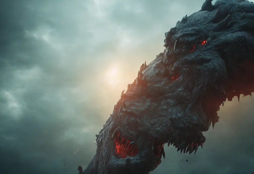 Image similar to vfx color film closeup, huge behemoth monster creature beast by aaron sims, in residential street, low - key lighting award winning photography arri alexa cinematography, hyper real photorealistic cinematic beautiful, atmospheric