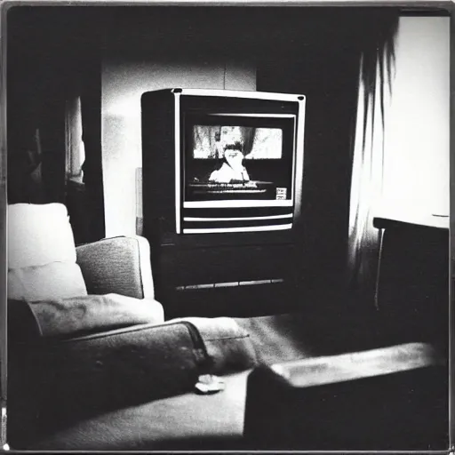 Prompt: a living room in 1982 A square CRT TV is on, with Netflix on the screen!!!!! The only light in the room is the light from TV. Polaroid photograph