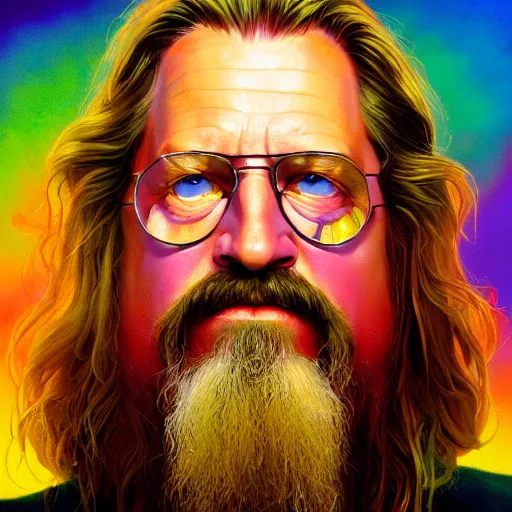 Prompt: a colorful closeup portrait of the dude from the big lebowski. he holds all the wisdom of the world in his eyes. dreamy vibes floating head and dreaming psychedelic hair. halo behind his head. trending on artstation. by peter mohrbacher and moebius and alex ross. intricate detail. hyperrealistic. photorealism. 8 k. flat design