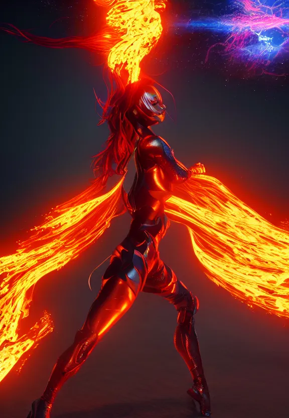 Prompt: vfx, octane render, zbrush, beautiful woman wearing spandex armour with flowing fire hair and glowing eyes, super hero full body action pose casting a fireball in space, volumetric lightning, highly detailed, UE5 render, art station, center of picture.