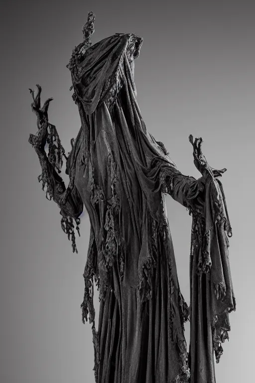 Prompt: a cinematic view of an highly ornated intricate macabre impressionist sacred statue of veiled ghoul made in light dark oak, with few ornaments in shiny polished graphite, sculpted by hedi xandt and antonio corradini, dark surrealism, freak gothic style