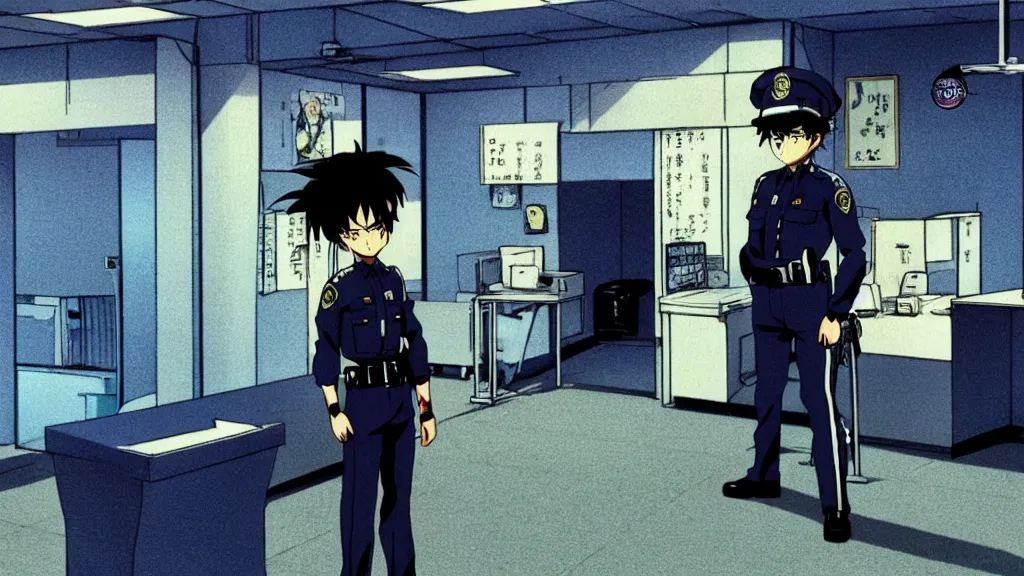 Prompt: a cop wearing a blue skunk mask standing in a police station, anime film still from the an anime directed by Katsuhiro Otomo with art direction by Salvador Dalí, wide lens