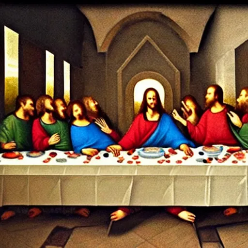 Image similar to eating pizza at the last supper