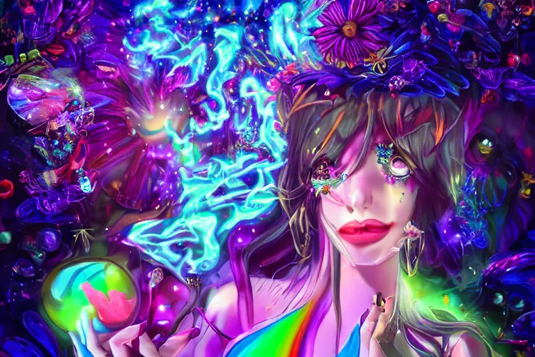 Prompt: degods nft, psychedelic, whimsical, anime, 4k, beautiful seductive succubus smoking weed, with professional makeup, long trippy hair, a crystal and flower dress, sitting on a reflective pool, surrounded by gems, underneath the stars, rainbow fireflies, trending on patreon, deviantart, twitter, artstation, volumetric lighting, heavy contrast, art style of Greg Rutkowski and Miho Hirano and Ross Tran