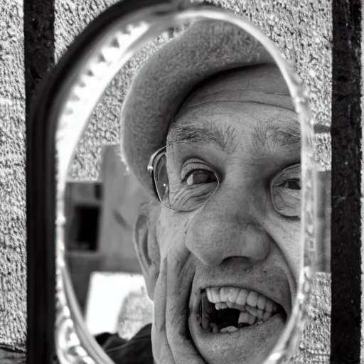 Image similar to a smiling old man seen through a mirror