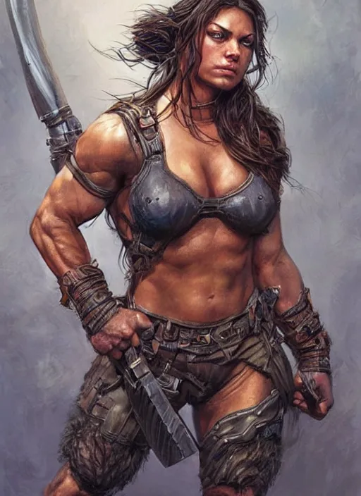 Image similar to exhausted Mila Kunis as a very muscled rugged looking Amazon, dirty, sweating, intricate, elegant, highly detailed, artstation, concept art, sharp focus, art by artgerm and donato giancola and Joseph Christian Leyendecker, WLOP