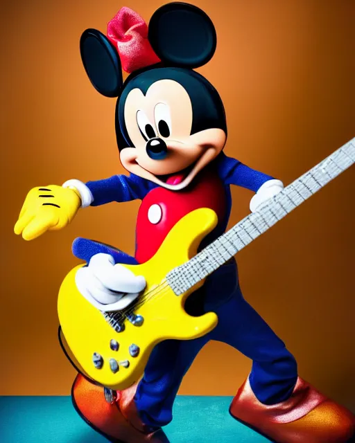 Prompt: A colorful studio portrait of Mickey Mouse playing electric guitar in the style of a zany comedy movie; bokeh, 90mm, f/1.4