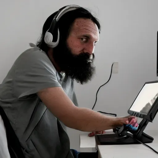 Prompt: Homeless man playing video games in an asylum, looking at a colorful computer monitor, sitting in an empty white room, wearing black headphones, long black hair, long black beard