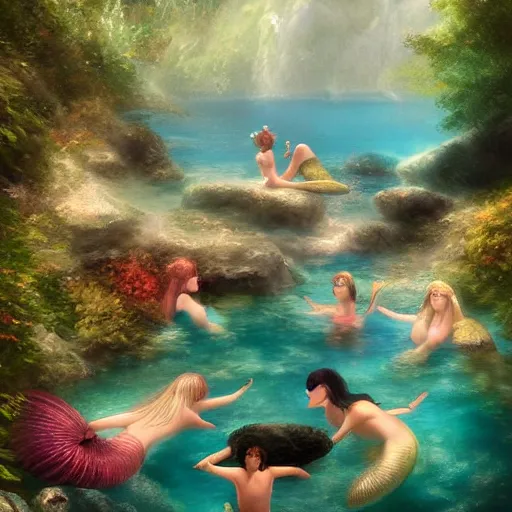 Prompt: Mermaids and Fairies bathing in an amazing beautiful natural secret swim spot with rainbow pools, fae, by Niroot Puttapipat, by James Gurney, artstation, deviantart