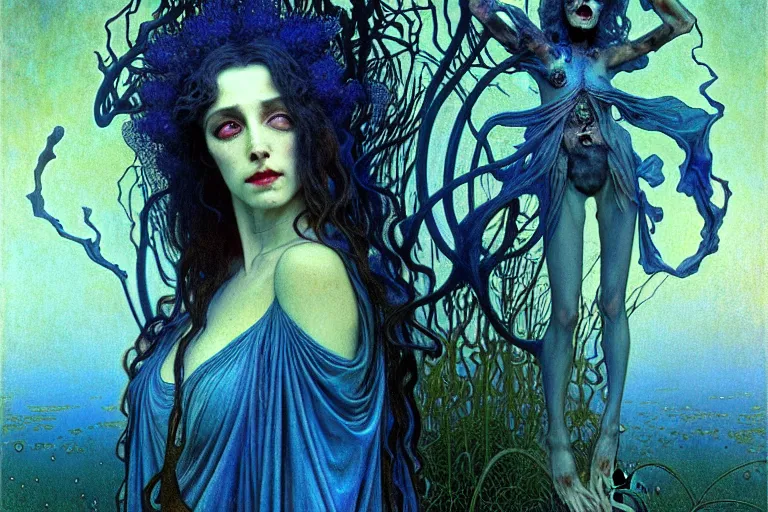 Image similar to realistic detailed portrait painting of a beautiful female zombie, nightly graveyard landscape background by Jean Delville, Amano, Yves Tanguy, Alphonse Mucha, Ernst Haeckel, Edward Robert Hughes, Roger Dean, masterpiece, cinematic composition, dramatic pose, 4k details, rich moody colours, blue eyes