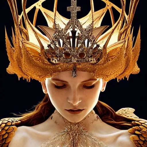 Image similar to elegant king's crown made of wings, delicate, fantasy, intricate, elegant, dramatic lighting, emotionally evoking symbolic metaphor, highly detailed, lifelike, photorealistic, digital painting, artstation, concept art, smooth, sharp focus, illustration, art by John Collier and Albert Aublet and Krenz Cushart and Artem Demura and Alphonse Mucha