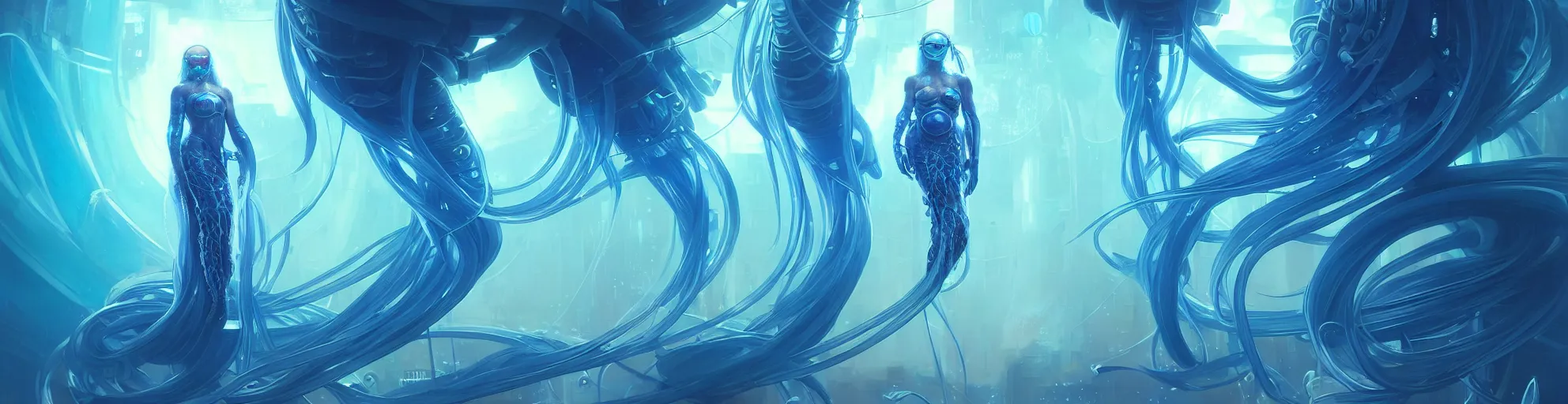 Prompt: cyberpunk jellyfish, blue tones, underwater, 360, highly detailed, digital painting, artstation, concept art, smooth, sharp focus, illustration, art by artgerm and greg rutkowski and alphonse mucha